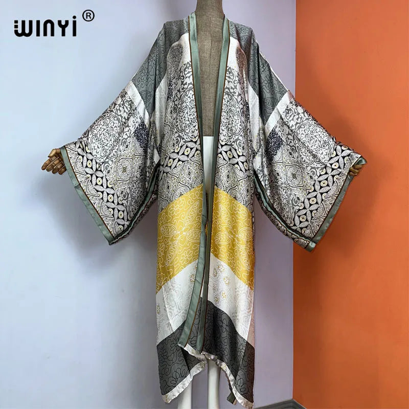 WINYI kimono new fashion print купальник Women Cardigan Loose Long Dress elegant Party Boho Maxi beach Holiday Cover Ups  kaftan