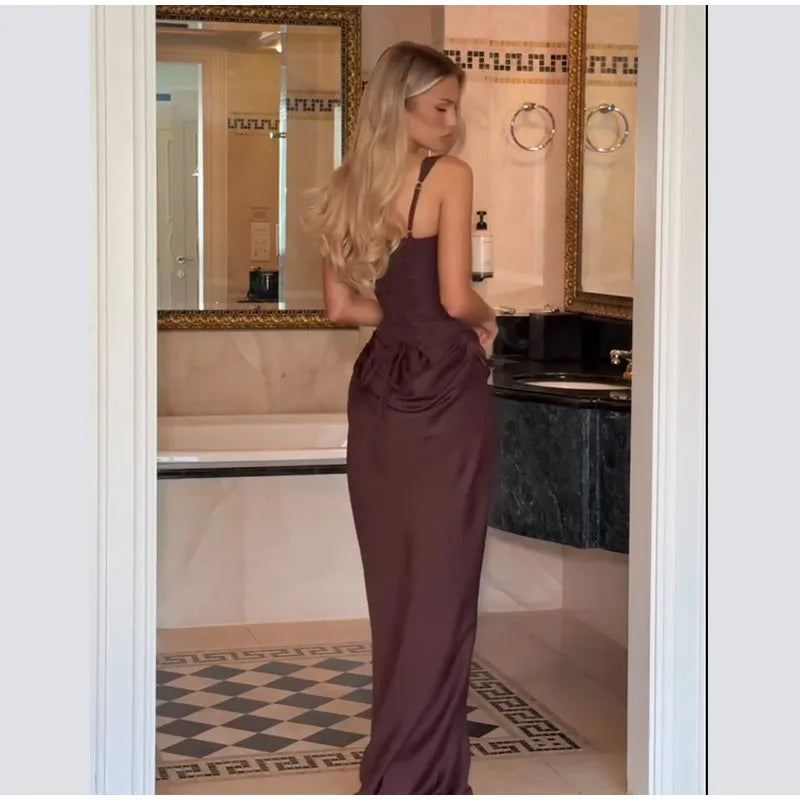 Women Brown Square-neck Pleated Sling Maxi Dress Sexy Sleeveless Off-shoulder Waist Cinching Slim Dresses Evening Party Gown