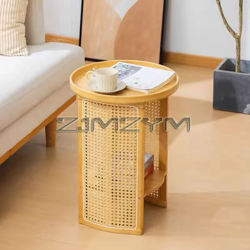 Rattan Side Table Sofa Storage Corner Desk Small Round Coffee Table Double-Layer Edge Bedside Table Balcony Sides Tables