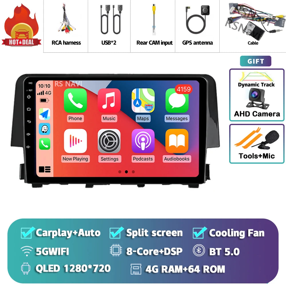 Android 15 Carplay Auto Car Radio Multimedia Player For Honda Civic 10 FC FK 2015 - 2020 Audio Autoradio Stereo 2din Wireless BT