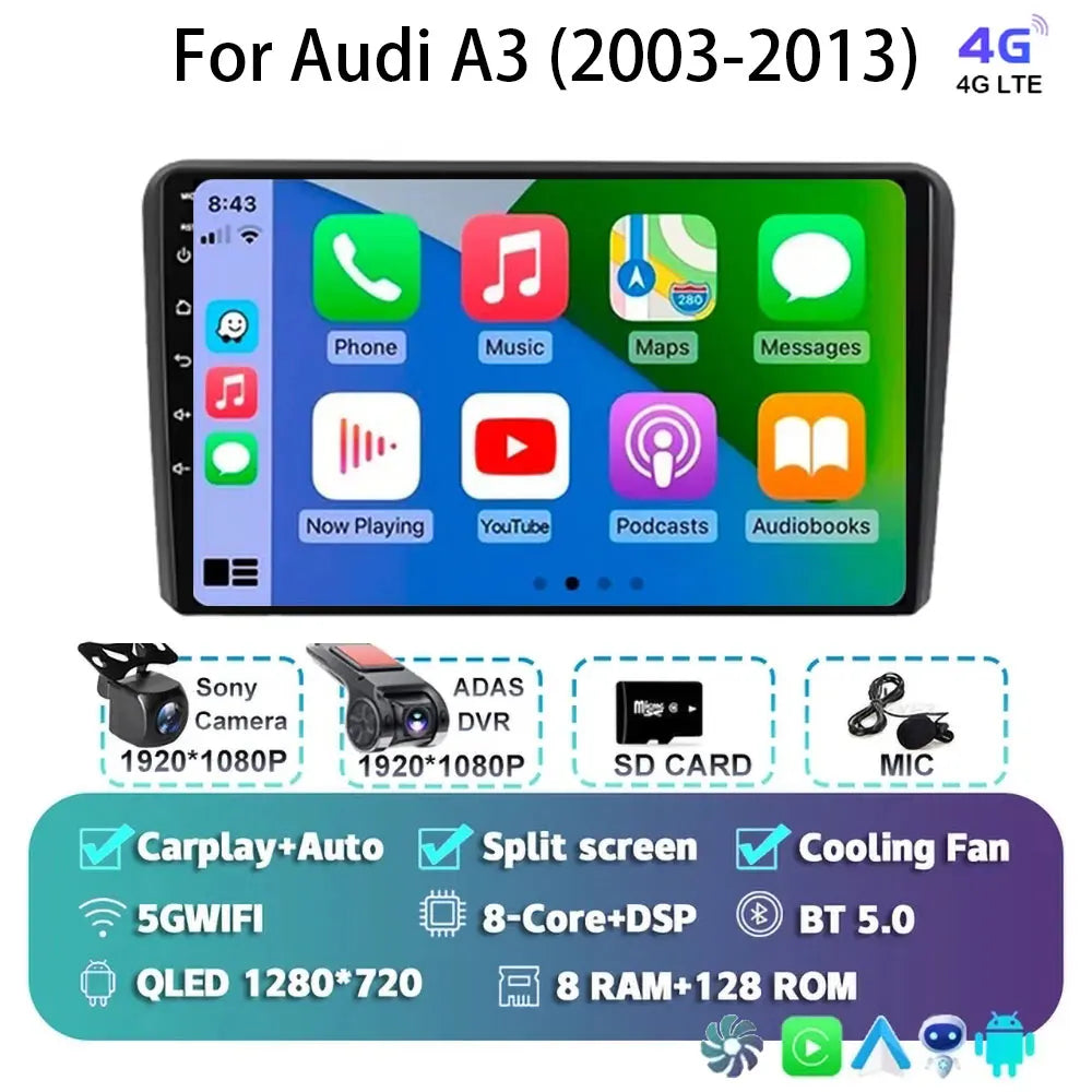 Car Radio Android 15 Carplay Auto For Audi A3 8P 2003-2013 2din Multimedia Player GPS Navigation Audio Stereo DSP Camera 5G BT