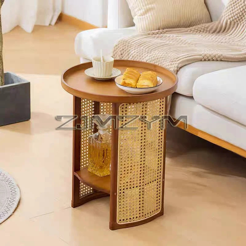 Rattan Side Table Sofa Storage Corner Desk Small Round Coffee Table Double-Layer Edge Bedside Table Balcony Sides Tables