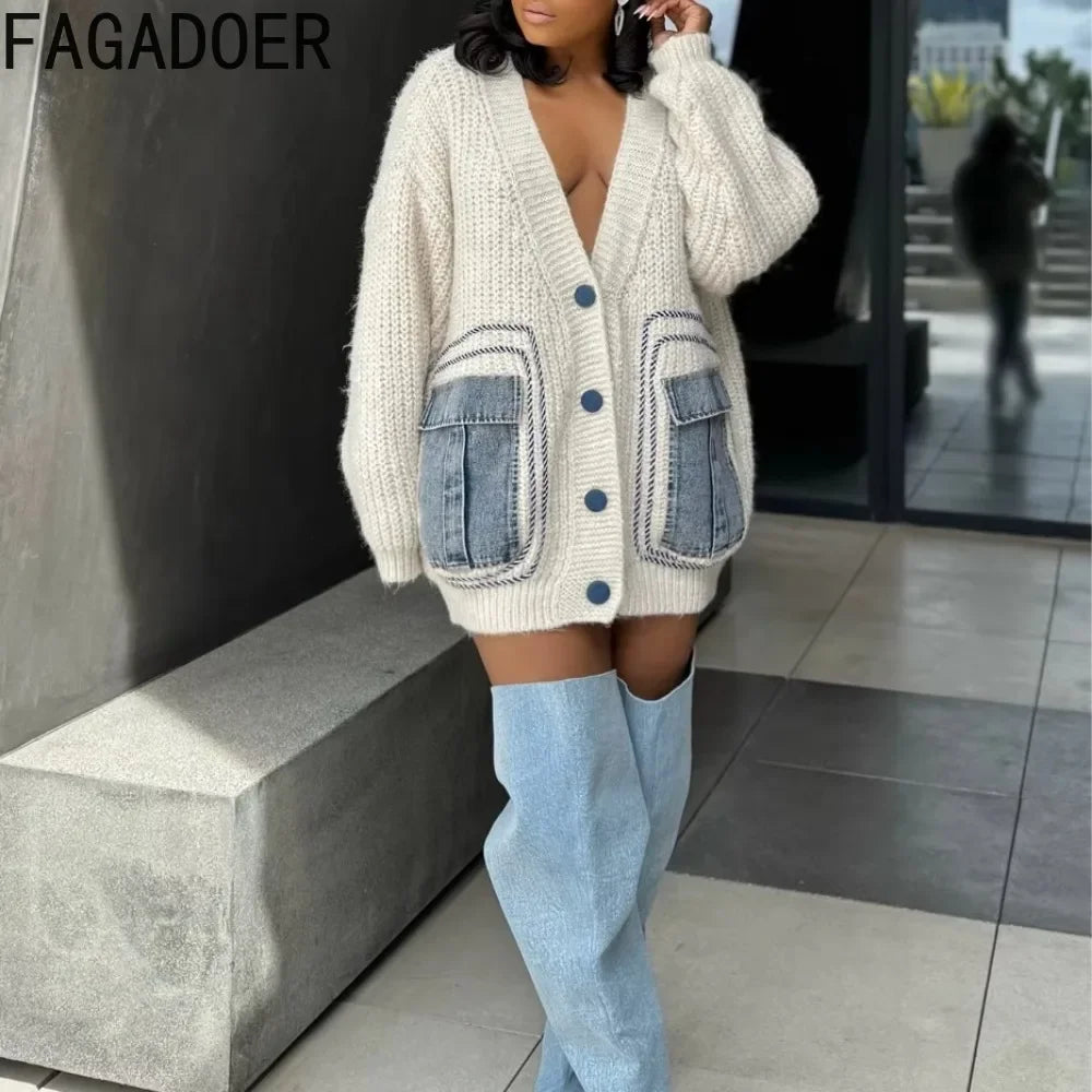 FAGADOER White Knitted Sweater Stitching Tops Women Fashion V Neck Long Sleeve Loose Denim Pocket Patchwork Cardigan Y2K Sweater
