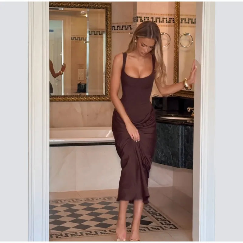 Women Brown Square-neck Pleated Sling Maxi Dress Sexy Sleeveless Off-shoulder Waist Cinching Slim Dresses Evening Party Gown