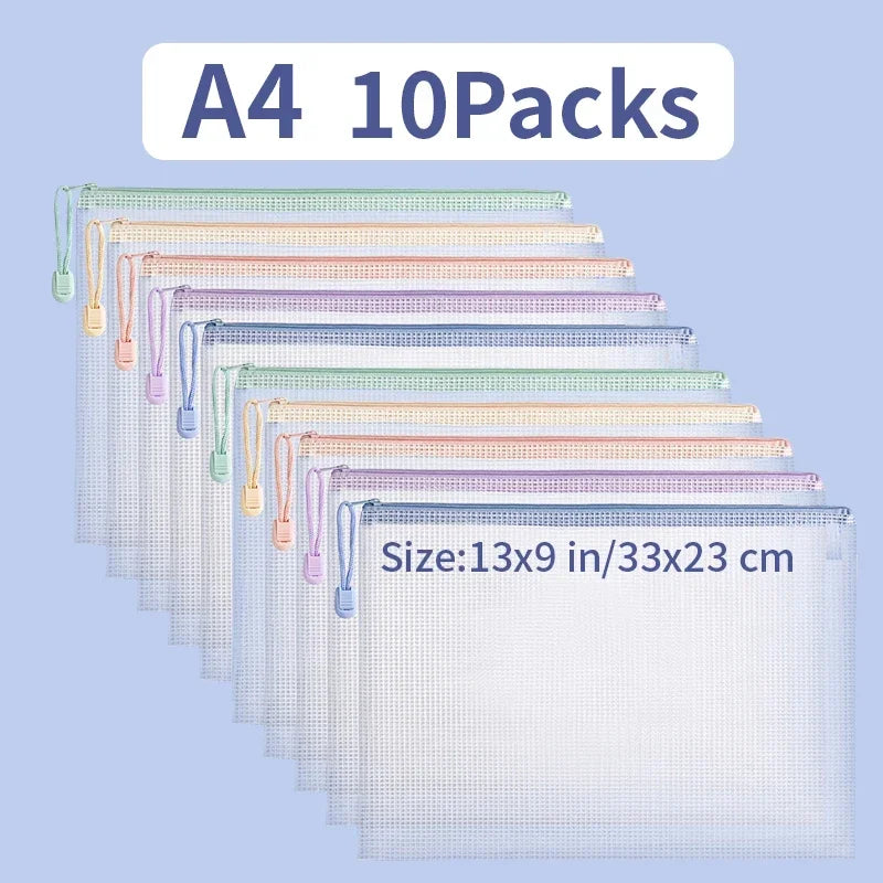 Zipper Mesh Bags A4/A5 Plastic Zipper Bags For Organizing Waterproof Clear Travel Bags Office Supplies Document，color random