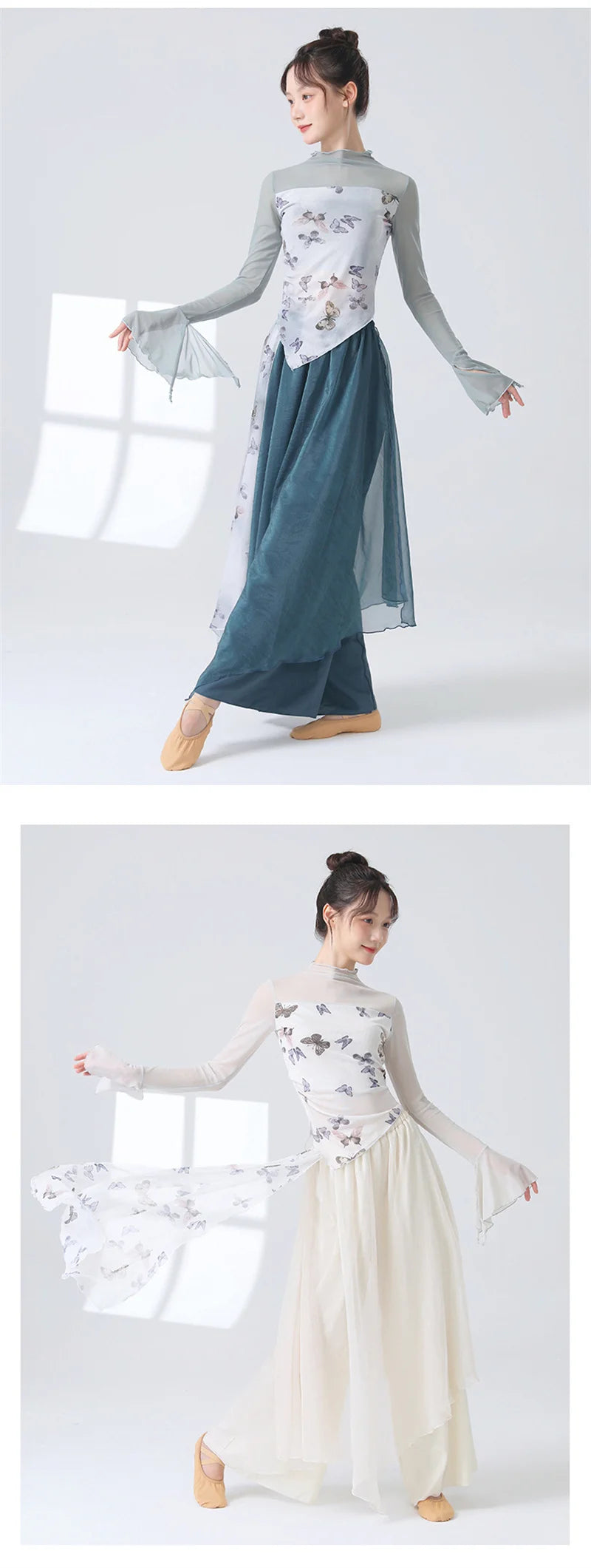 Women 2 Layers Dance Trousers Gauze Print Chiffon Culottes Flowy Skirt Pant Loose Wide Leg Modern Hanfu Elegant Practice Clothes