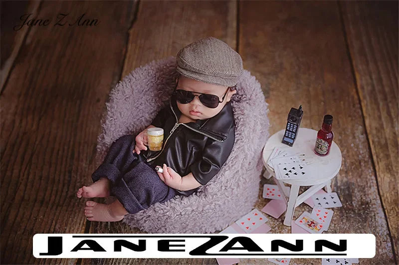 Newborn Photography props infant faux Leather jacket pants Social People cool boy  boss creative studio shooting item