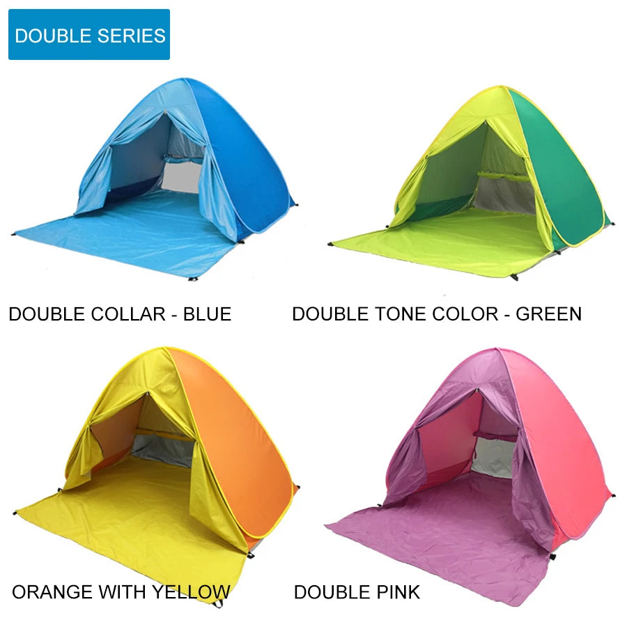 Large 2-3 person family compact and durable portable pop-up beach tent, including 6 ground stakes for fixing. Comes with a stora