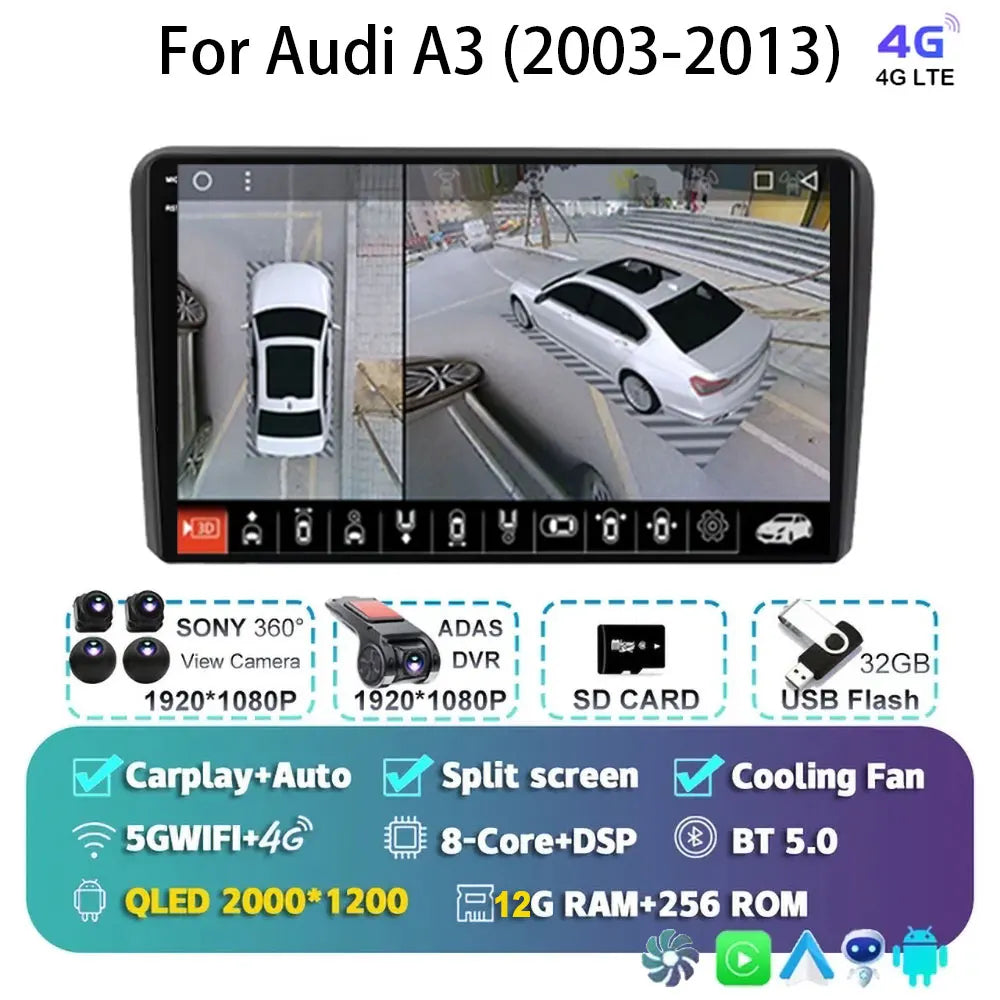 Car Radio Android 15 Carplay Auto For Audi A3 8P 2003-2013 2din Multimedia Player GPS Navigation Audio Stereo DSP Camera 5G BT