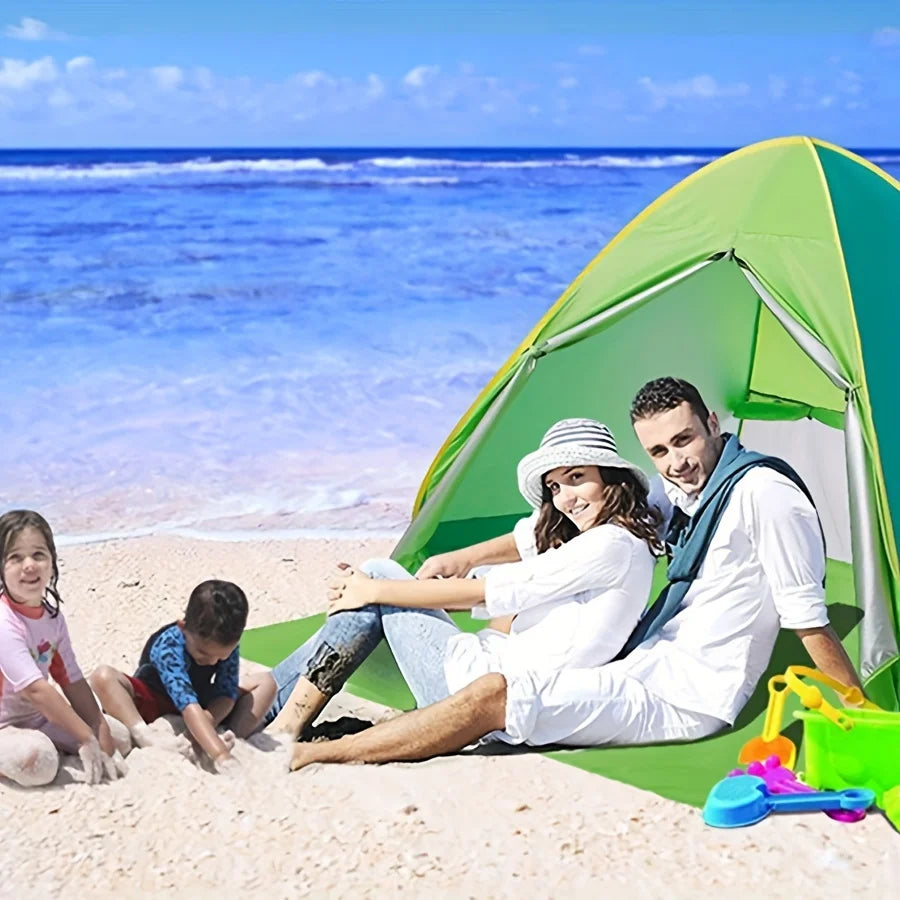 Large 2-3 person family compact and durable portable pop-up beach tent, including 6 ground stakes for fixing. Comes with a stora