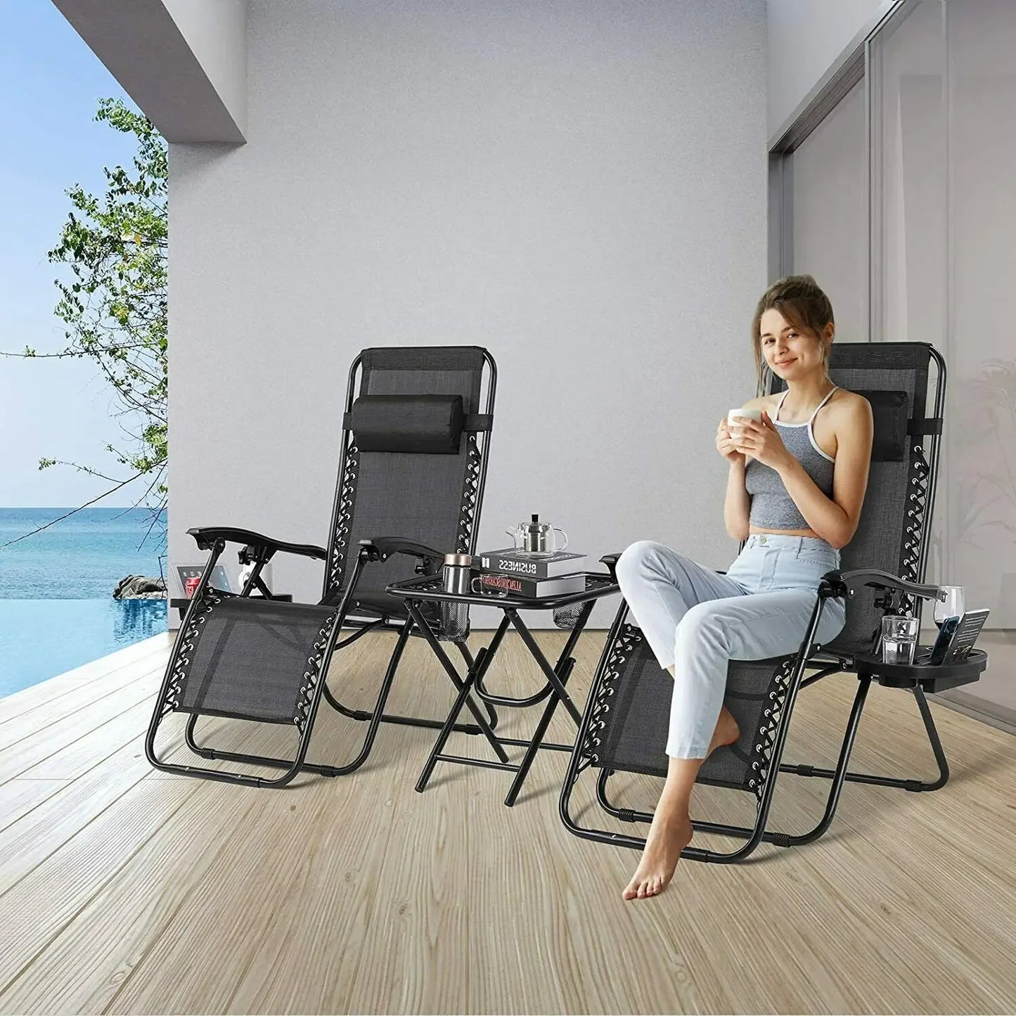 Homfa Garden Sun Lounger Set with Table Folding Adjustable Zero Gravity Recliner Chair Seat Indoor/Outdoor