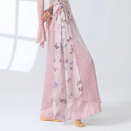 Women 2 Layers Dance Trousers Gauze Print Chiffon Culottes Flowy Skirt Pant Loose Wide Leg Modern Hanfu Elegant Practice Clothes