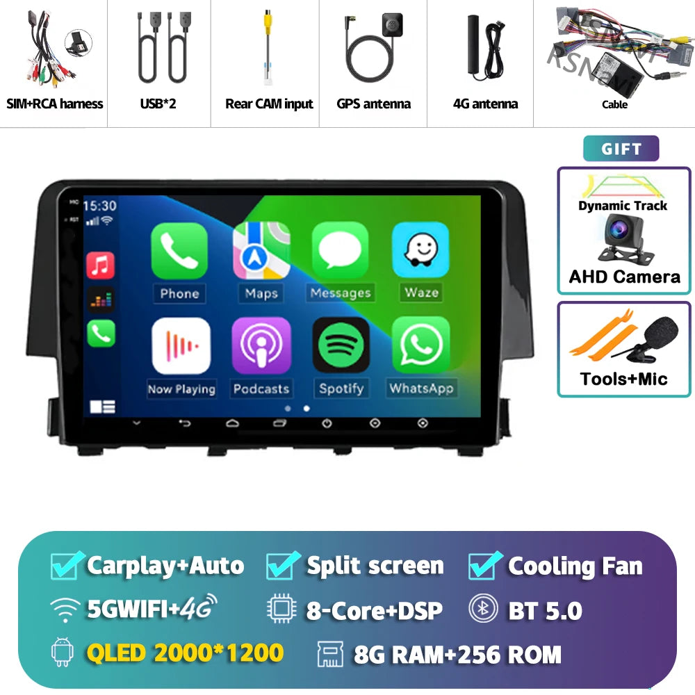 Android 15 Carplay Auto Car Radio Multimedia Player For Honda Civic 10 FC FK 2015 - 2020 Audio Autoradio Stereo 2din Wireless BT