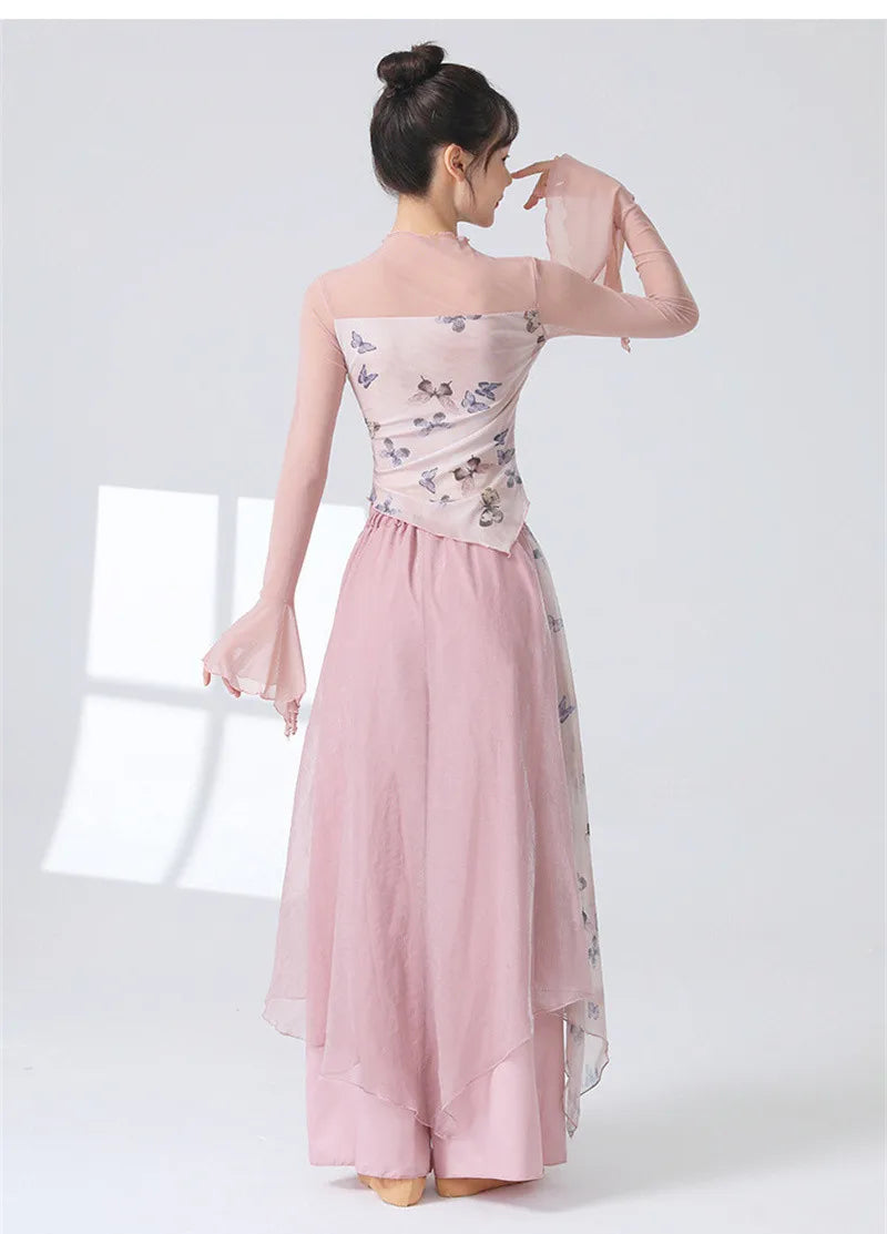 Women 2 Layers Dance Trousers Gauze Print Chiffon Culottes Flowy Skirt Pant Loose Wide Leg Modern Hanfu Elegant Practice Clothes