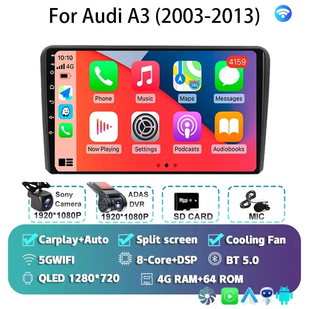 Car Radio Android 15 Carplay Auto For Audi A3 8P 2003-2013 2din Multimedia Player GPS Navigation Audio Stereo DSP Camera 5G BT