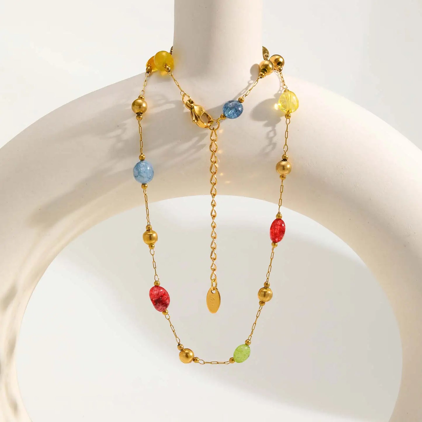 Colorful Rainbow Natural Stone Boho Necklace for Women, Stainless Steel Beaded Chain Y-Shaped Necklace, New Fashion Jewelry