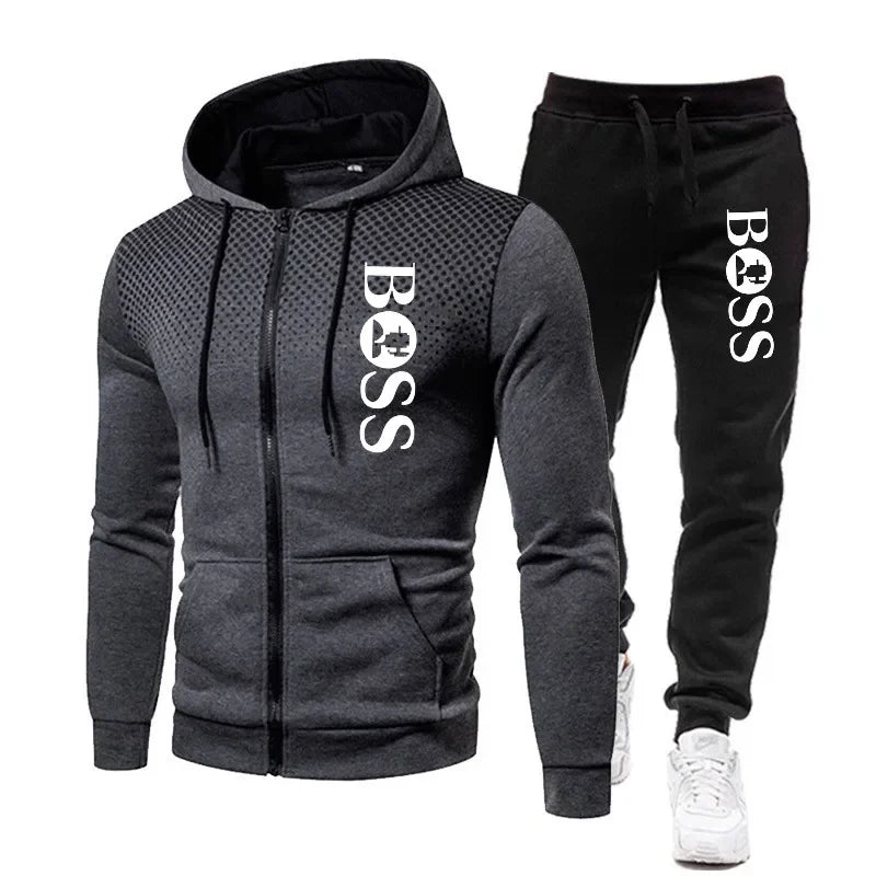 2025 Men's Fall/Winter Leisure fitness basketball two-piece outdoor fashion zipper hooded jacket + jogging pants set