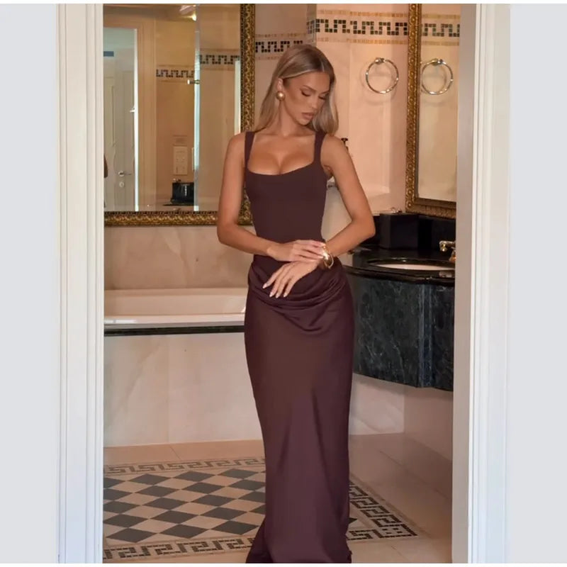 Women Brown Square-neck Pleated Sling Maxi Dress Sexy Sleeveless Off-shoulder Waist Cinching Slim Dresses Evening Party Gown