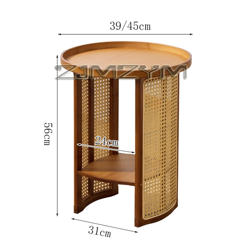 Rattan Side Table Sofa Storage Corner Desk Small Round Coffee Table Double-Layer Edge Bedside Table Balcony Sides Tables