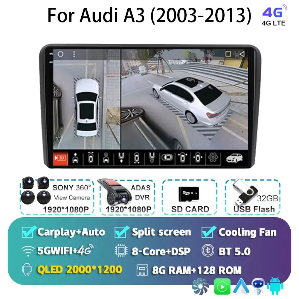 Car Radio Android 15 Carplay Auto For Audi A3 8P 2003-2013 2din Multimedia Player GPS Navigation Audio Stereo DSP Camera 5G BT