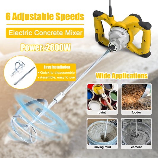 2600W Electric Concrete Mixer Portable Handheld Concrete Cement Mixer 6 Speeds Adjustable Mixing Machine Thinset Mortar Tool