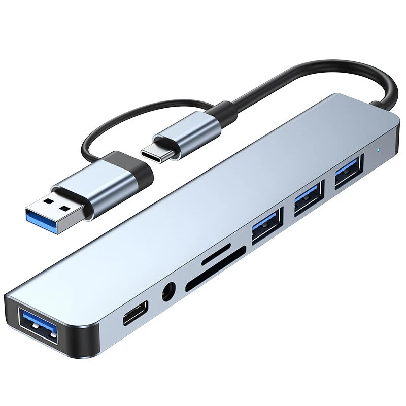 8 in 2 USB +Type C HUB Docking Station with 3.5mm Audio Jack Adapter Micro SD Card Reader Laptop Tablet Phone Disk Converter
