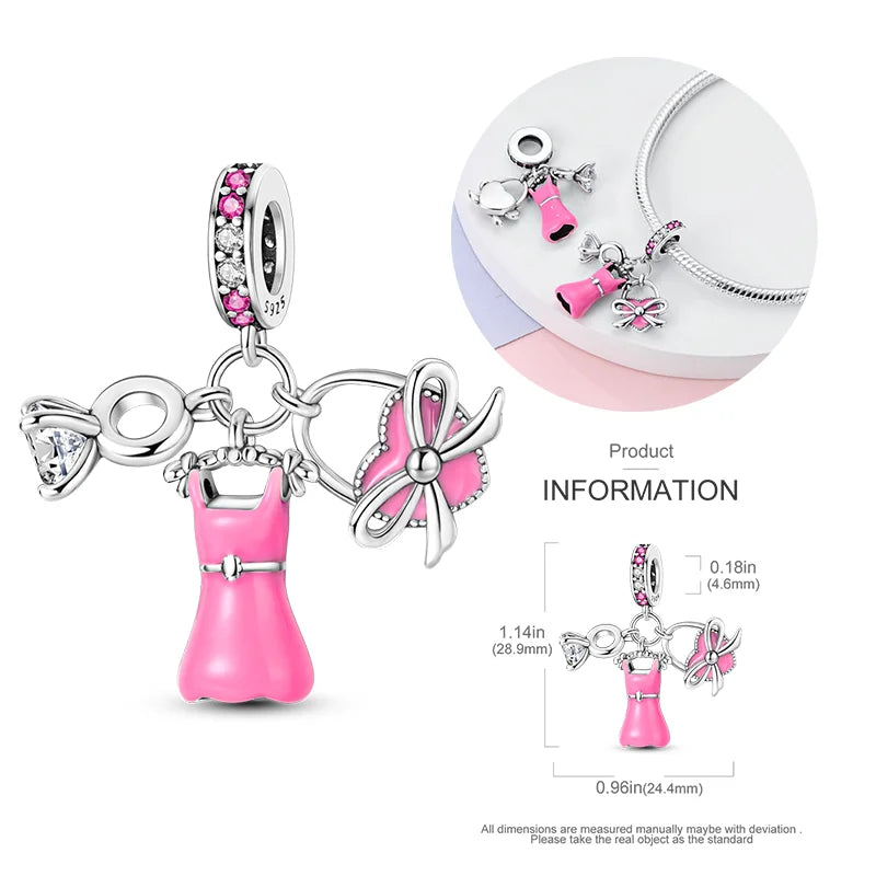 New 925 sterling silver bow star love pink series charm beads suitable for 3mm original bracelet DIY fashion jewelry gift