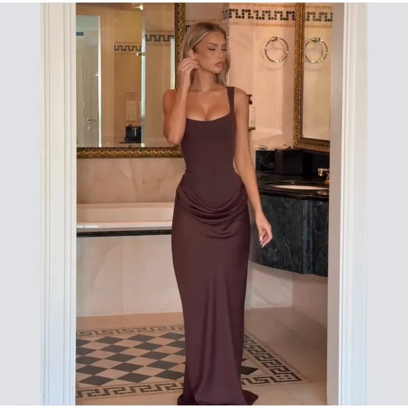 Women Brown Square-neck Pleated Sling Maxi Dress Sexy Sleeveless Off-shoulder Waist Cinching Slim Dresses Evening Party Gown