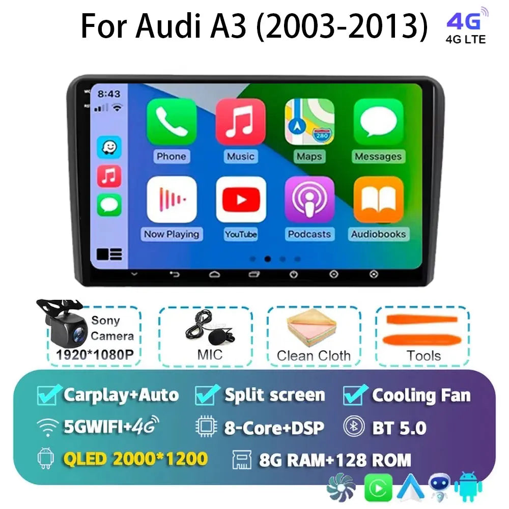 Car Radio Android 15 Carplay Auto For Audi A3 8P 2003-2013 2din Multimedia Player GPS Navigation Audio Stereo DSP Camera 5G BT