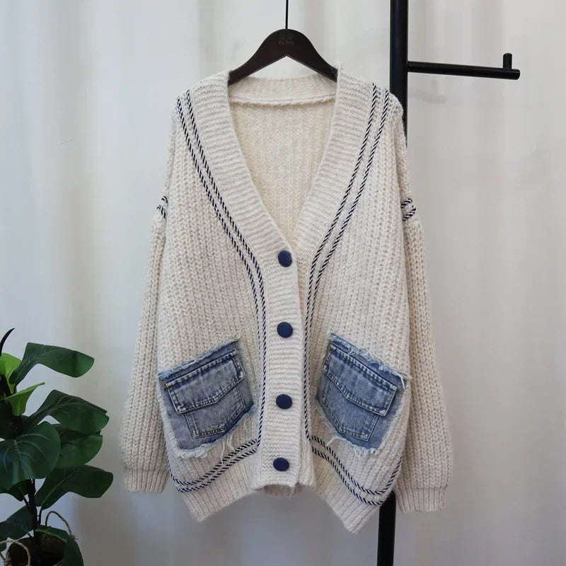 FAGADOER White Knitted Sweater Stitching Tops Women Fashion V Neck Long Sleeve Loose Denim Pocket Patchwork Cardigan Y2K Sweater