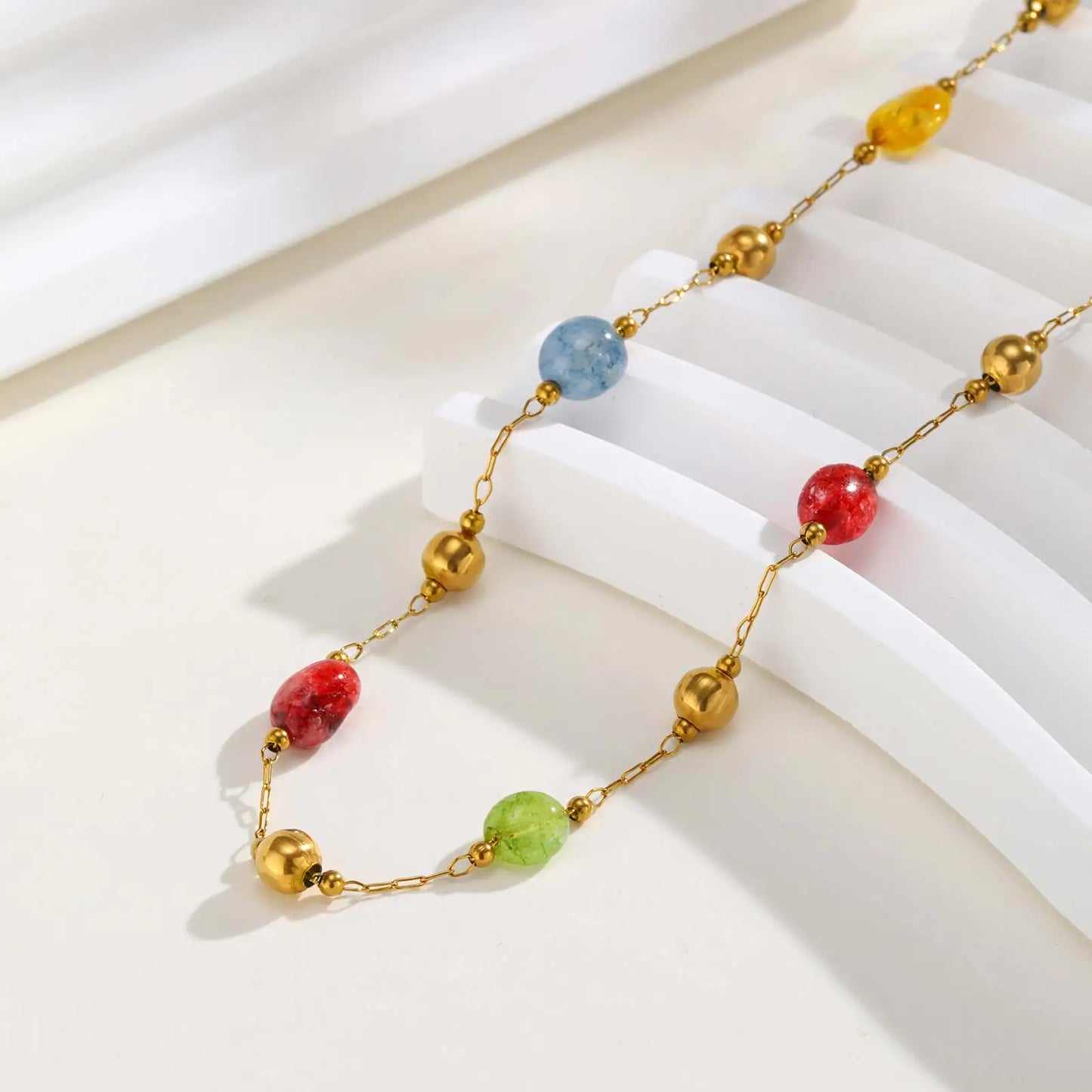 Colorful Rainbow Natural Stone Boho Necklace for Women, Stainless Steel Beaded Chain Y-Shaped Necklace, New Fashion Jewelry