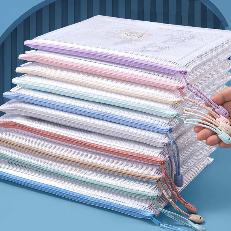 Zipper Mesh Bags A4/A5 Plastic Zipper Bags For Organizing Waterproof Clear Travel Bags Office Supplies Document，color random
