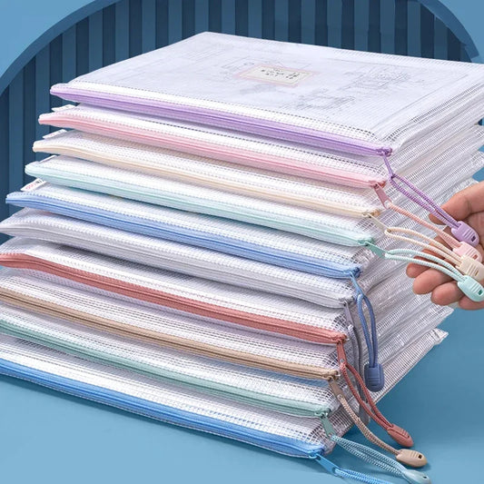 Zipper Mesh Bags A4/A5 Plastic Zipper Bags For Organizing Waterproof Clear Travel Bags Office Supplies Document，color random