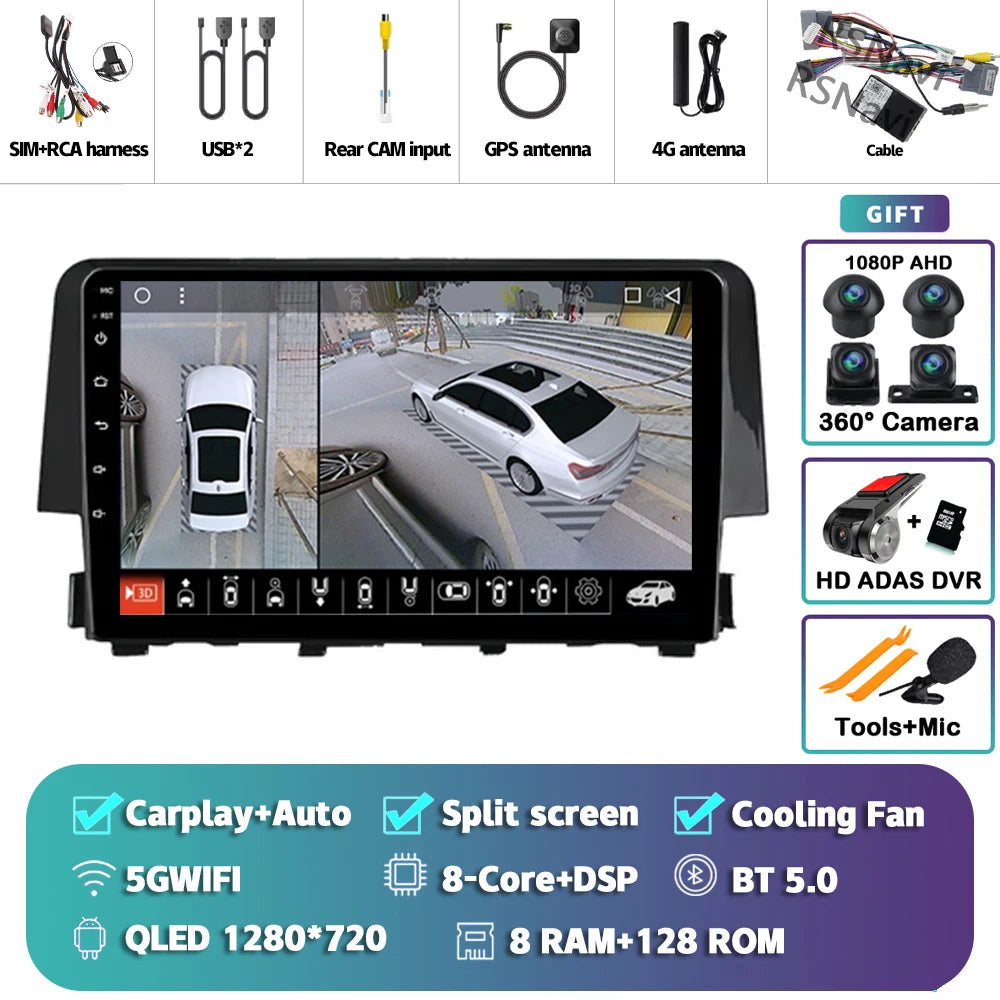 Android 15 Carplay Auto Car Radio Multimedia Player For Honda Civic 10 FC FK 2015 - 2020 Audio Autoradio Stereo 2din Wireless BT