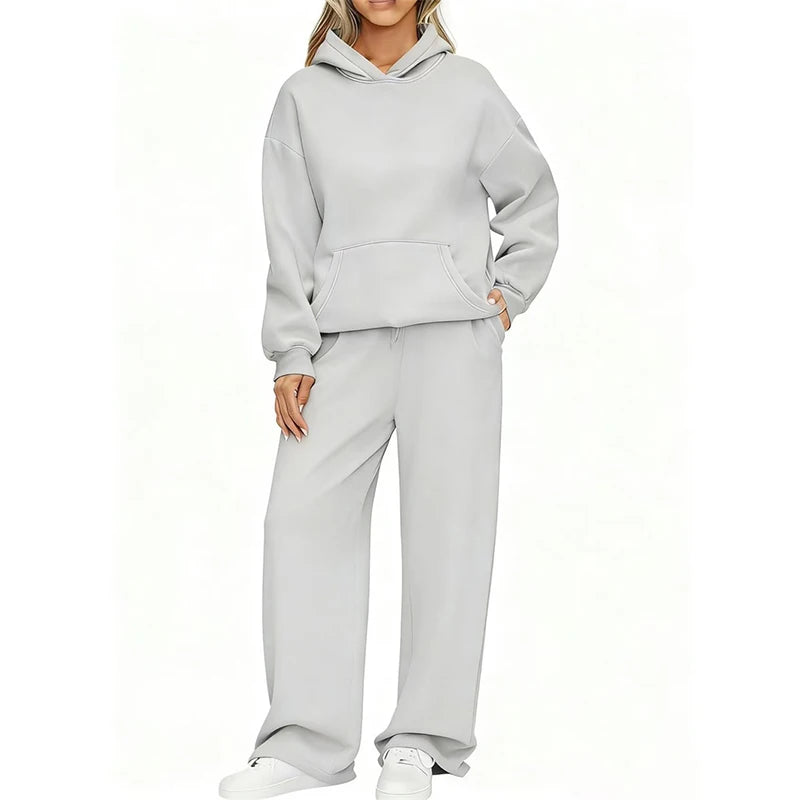 Autumn Winter Women Hoodie+Wide leg pants two pieces Casual pullover loose long sleeve tracksuit comfortable sports Women suit