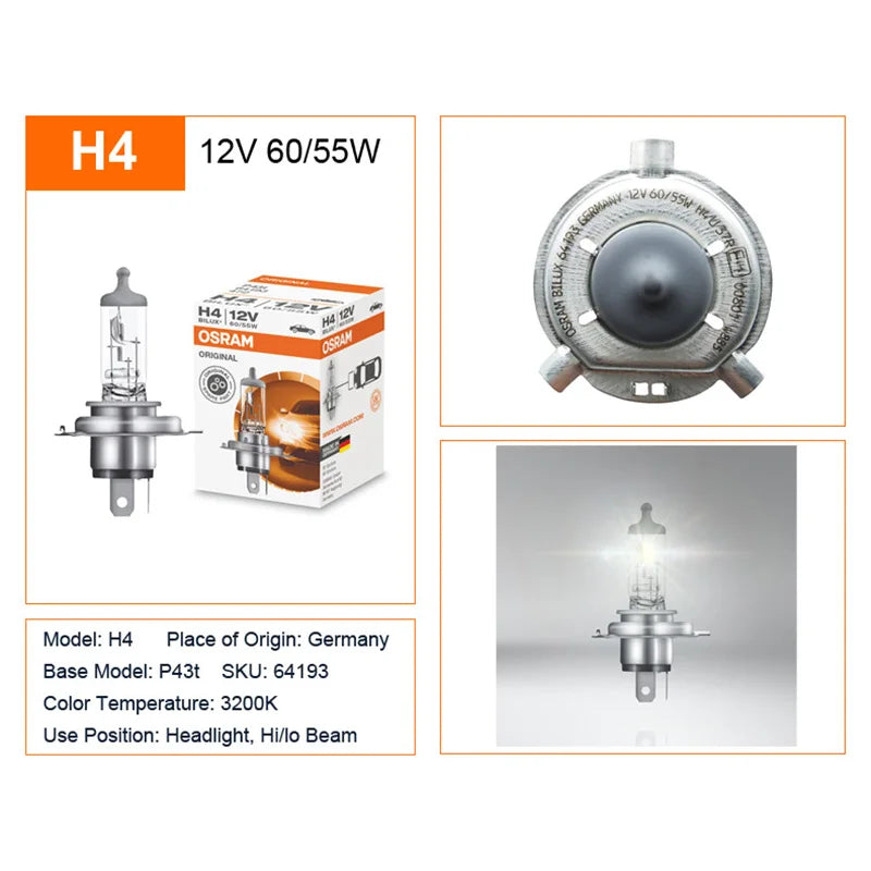 OSRAM H4 H7 H11 12V Halogen Headlight Car Original Lamp 3200K Warm White Standard Authentic Bulb Made in Germany (1pc)