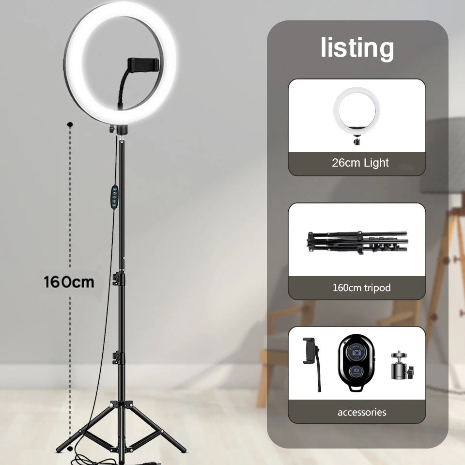 26CM Photography Lighting Vlog Youtube Fill Ring Light Lamp Live Phone Ringlight Tripod Stand Photo Led Selfie
