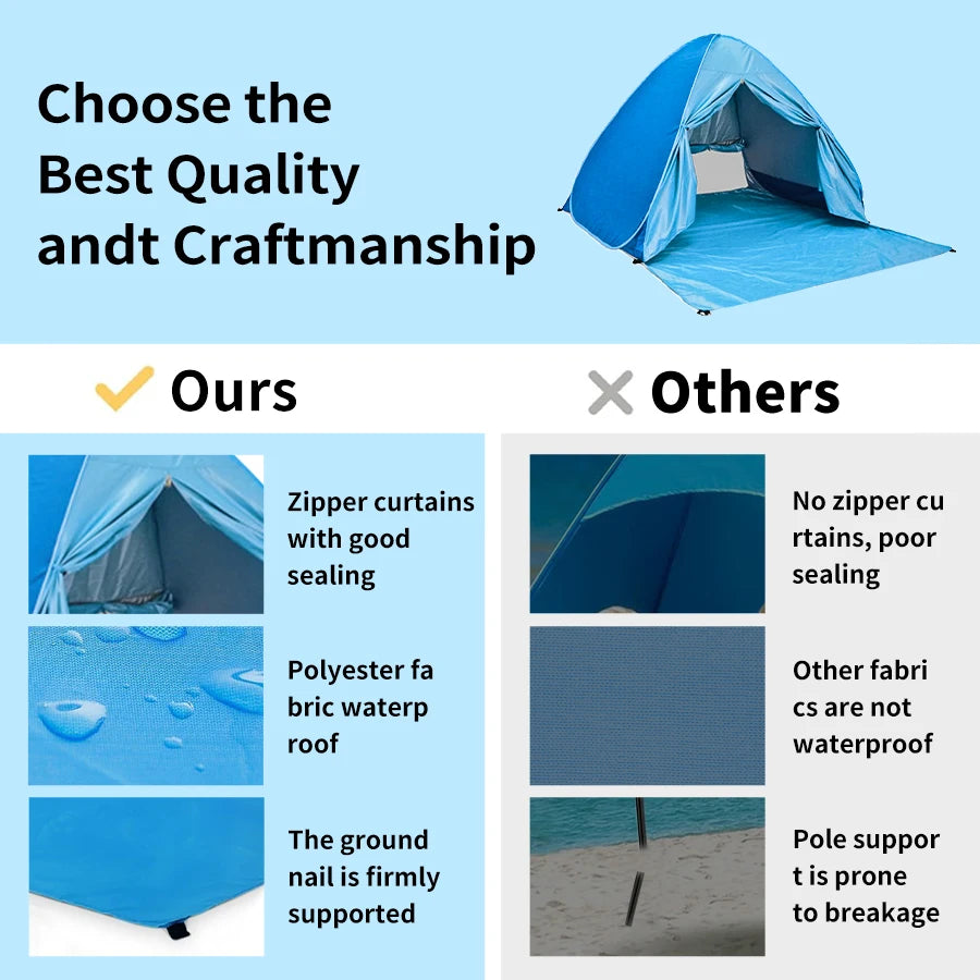 Large 2-3 person family compact and durable portable pop-up beach tent, including 6 ground stakes for fixing. Comes with a stora