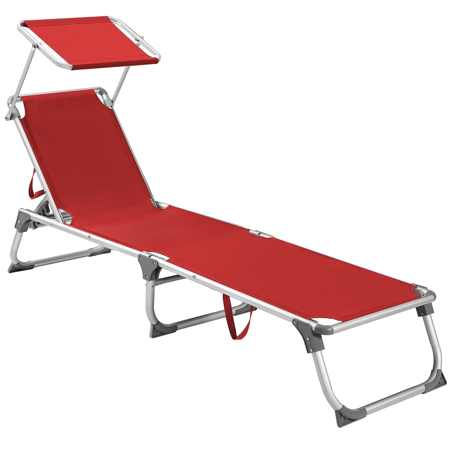 Sun Lounger, 193 x 55 x 31 cm, with Sunshade and Reclining Backrest, for Garden, Swimming Pool, Terrace, Red