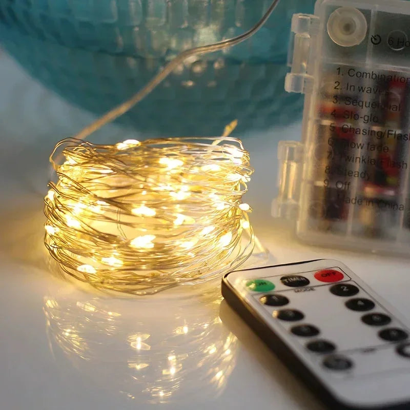 LED Fairy Silver Wire String Light Battery Box with 8 Mode Remote Control Wedding Christmas Garland Lamp Home Bedroom Decoration