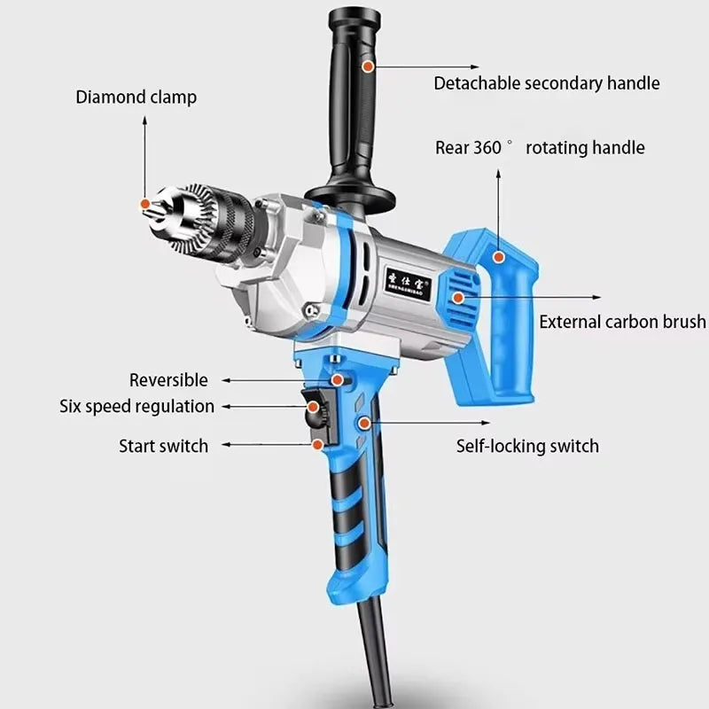 Electric Cement Mixer High Power Concrete Mixer Multifunctional Drill Machine with 6 Adjustable Speed for Mixing Mud Cement
