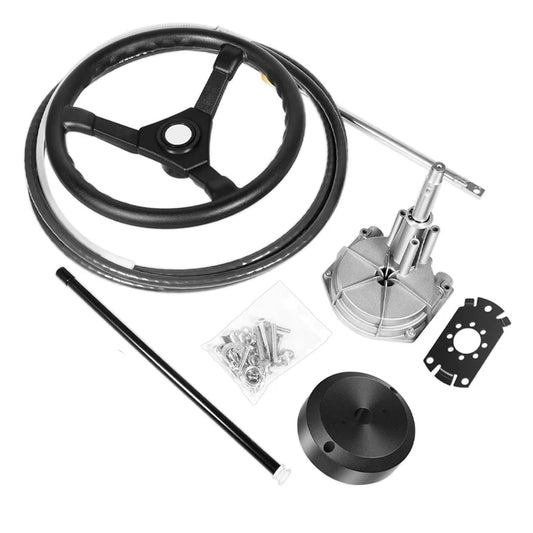 Marine Outboard Rotary Steering System Kit with 15 Feet Steering Control Cable and 13.5" Steering Wheel for Yachts,Fishing Boats