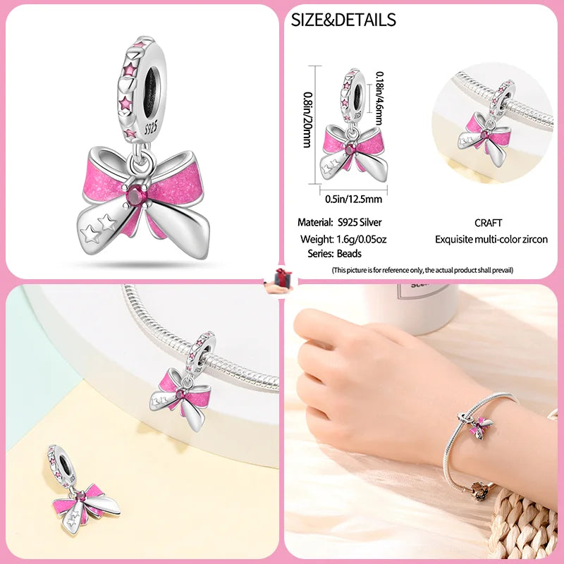 New 925 sterling silver bow star love pink series charm beads suitable for 3mm original bracelet DIY fashion jewelry gift