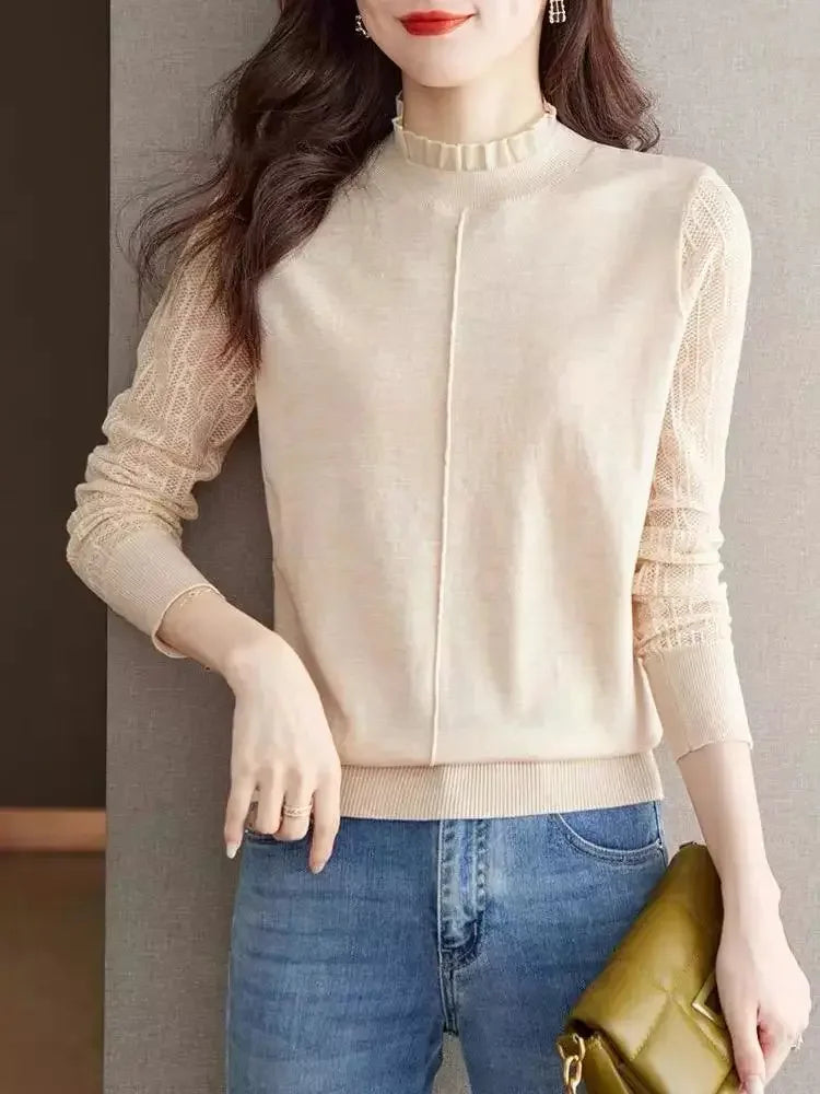 Clothes for Women Spring Autumn Fashion Ruffled Hollow Long Sleeve Knitted Sweaters Elegant Chic Solid Loose Basic Pullover Tops