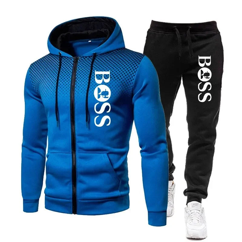 2025 Men's Fall/Winter Leisure fitness basketball two-piece outdoor fashion zipper hooded jacket + jogging pants set