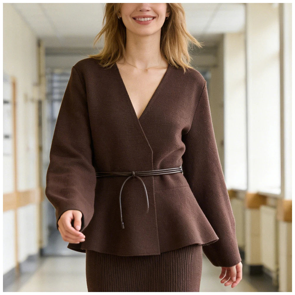 Woman Clothes Tops V Elegant Knit Cardigan For Women With V Neck Tie Waist And Flared Hem Autumn And Winter Workwear Top