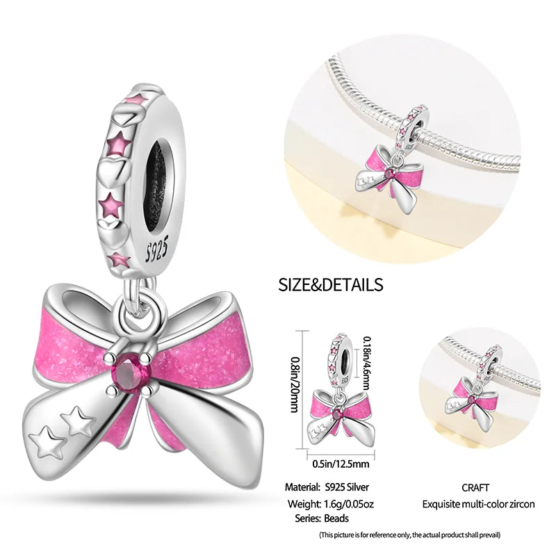 New 925 sterling silver bow star love pink series charm beads suitable for 3mm original bracelet DIY fashion jewelry gift