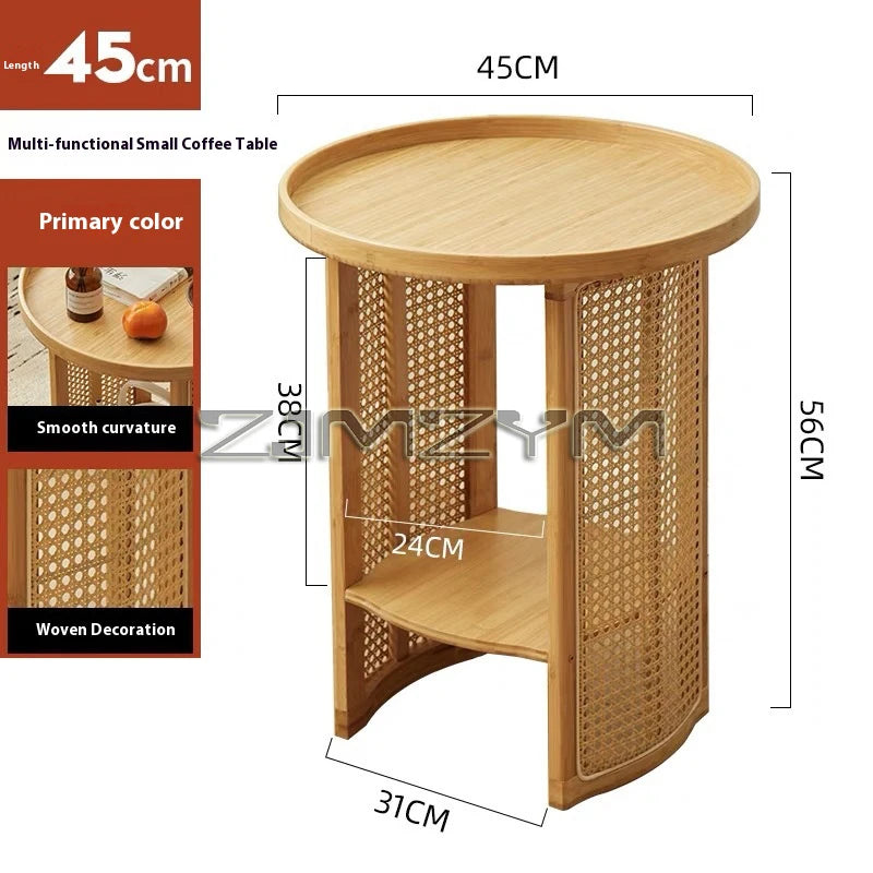 Rattan Side Table Sofa Storage Corner Desk Small Round Coffee Table Double-Layer Edge Bedside Table Balcony Sides Tables