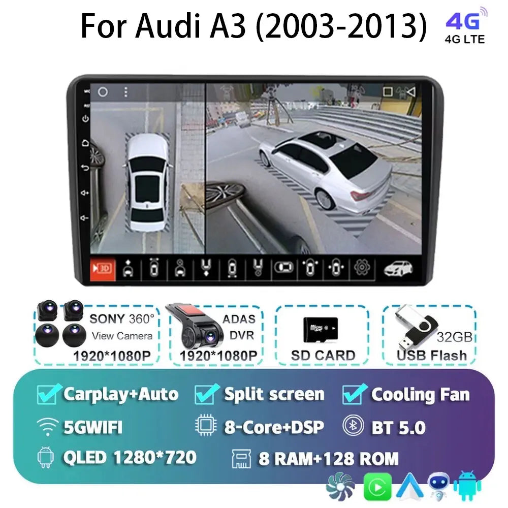 Car Radio Android 15 Carplay Auto For Audi A3 8P 2003-2013 2din Multimedia Player GPS Navigation Audio Stereo DSP Camera 5G BT