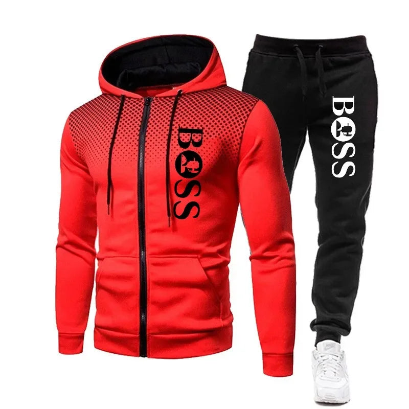 2025 Men's Fall/Winter Leisure fitness basketball two-piece outdoor fashion zipper hooded jacket + jogging pants set